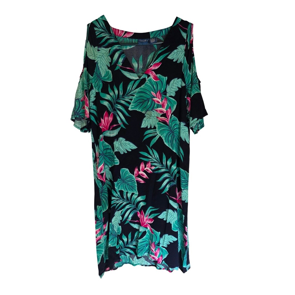 Caribbean Joe Womens M Tropical Cold‎ Shoulder Floral Dress Black Green Vacation